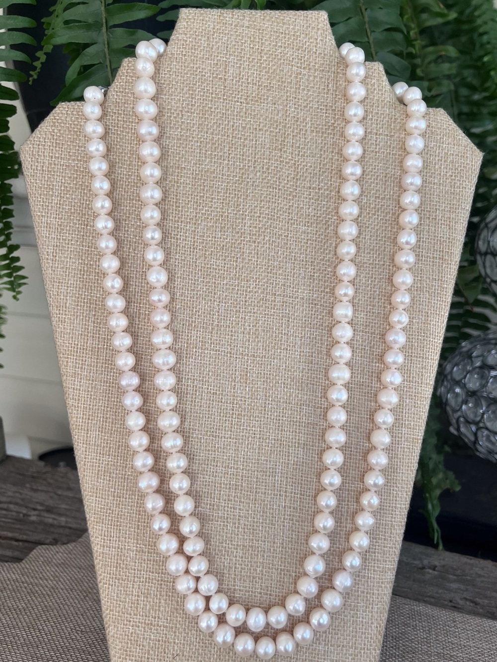 52” Freshwater Pearl Necklace 8mm Knotted Long Strand Twist Clasp